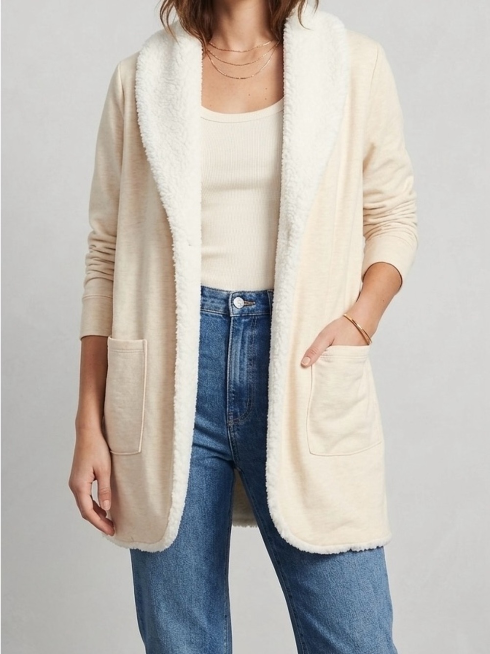 Lands' End Sherpa Collar Open Front Cardigan Robe Jacket Beige Cozy Med 10-12
